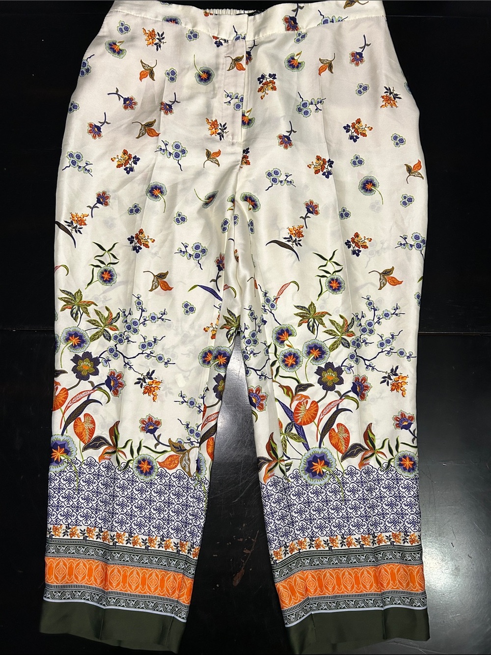Zara White Floral satin finished Straight-Leg Pants with Multicolor Border